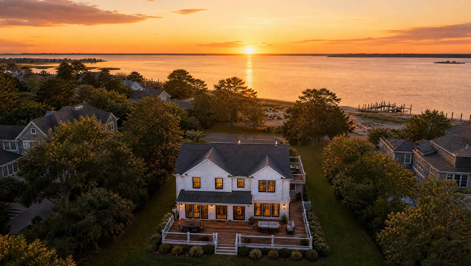 Wide sunset aerial of a lit coastal home surrounded by trees, the bay and horizon beyond.