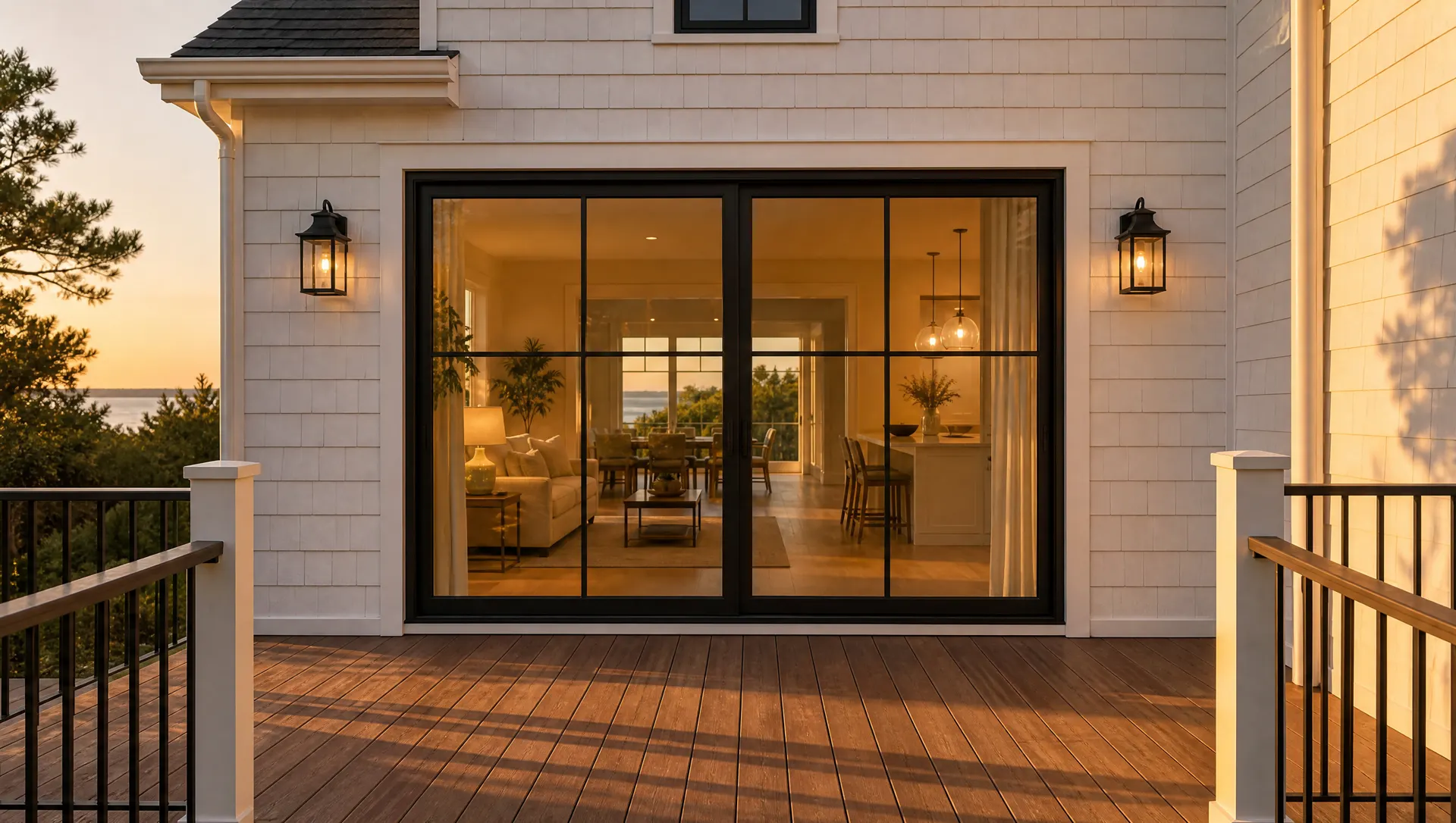 Covered deck at dusk looking through wide black-framed glass doors into a warmly lit interior.