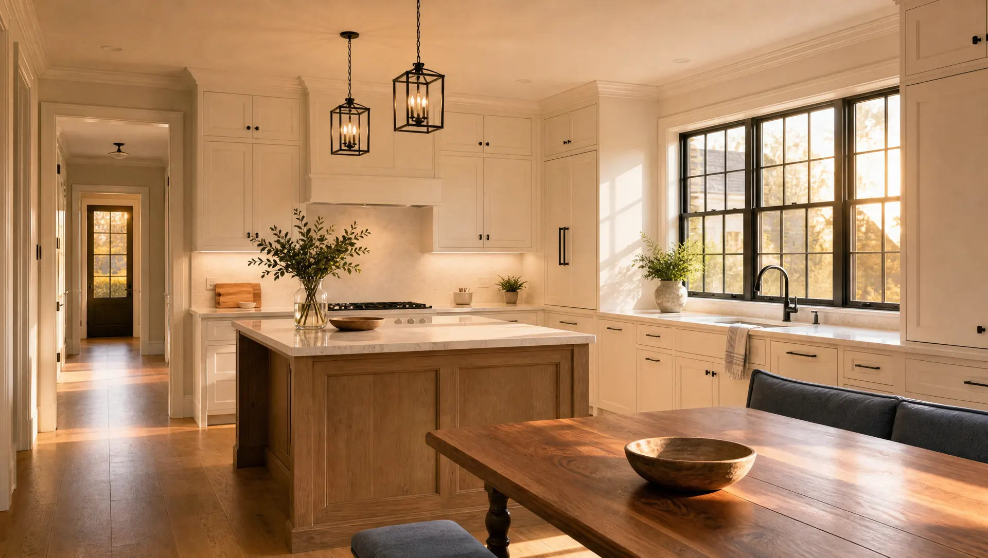 Warm kitchen with a timber island, painted cabinetry and lantern pendants at golden hour.
