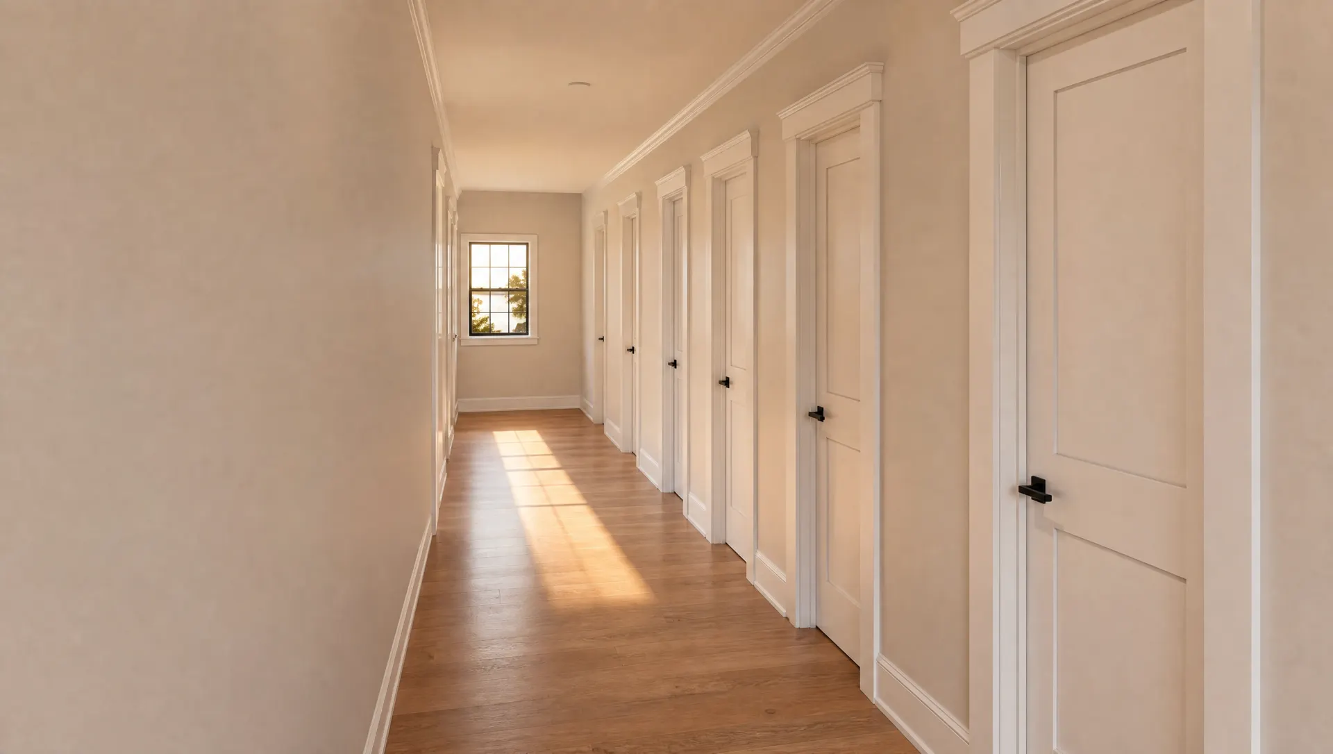 Upstairs hallway of panelled doors with painted casings and tall baseboards, evening light on the floor.