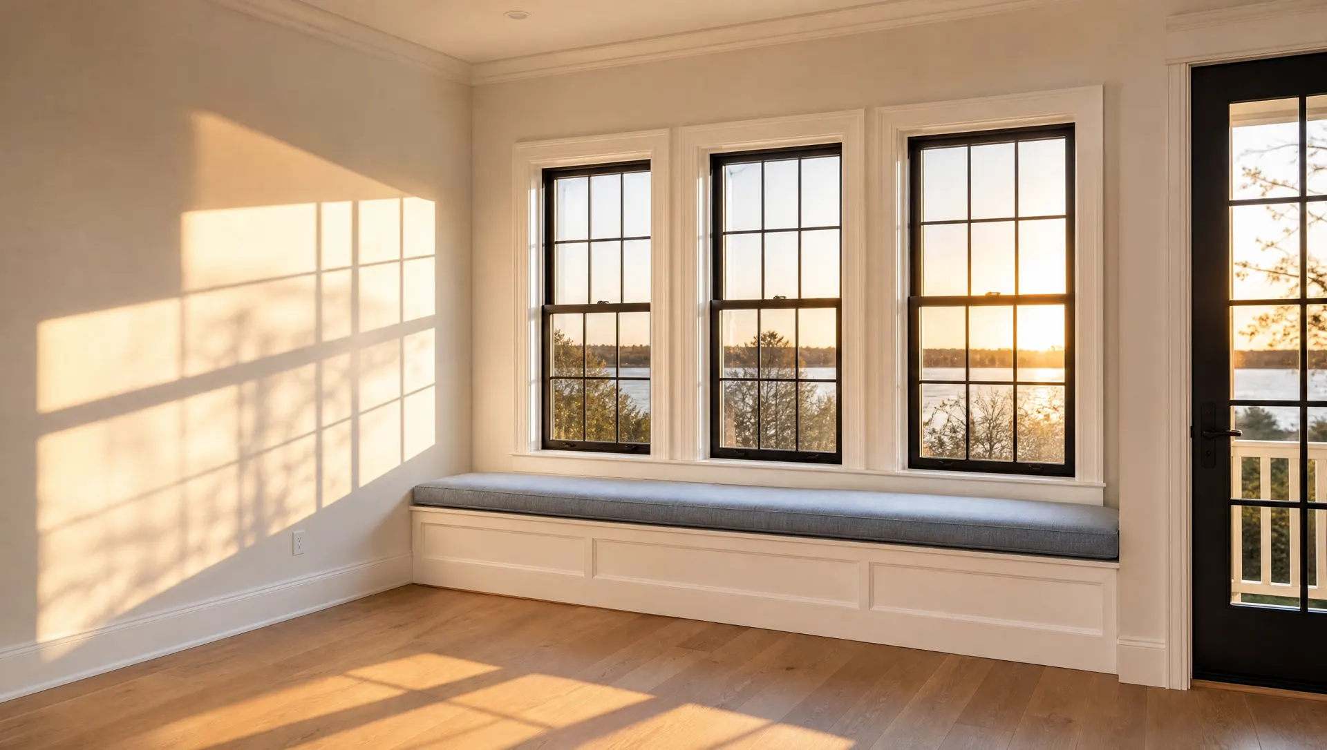 Window bay with a built-in bench seat beneath three tall windows looking out over the water at sunset.