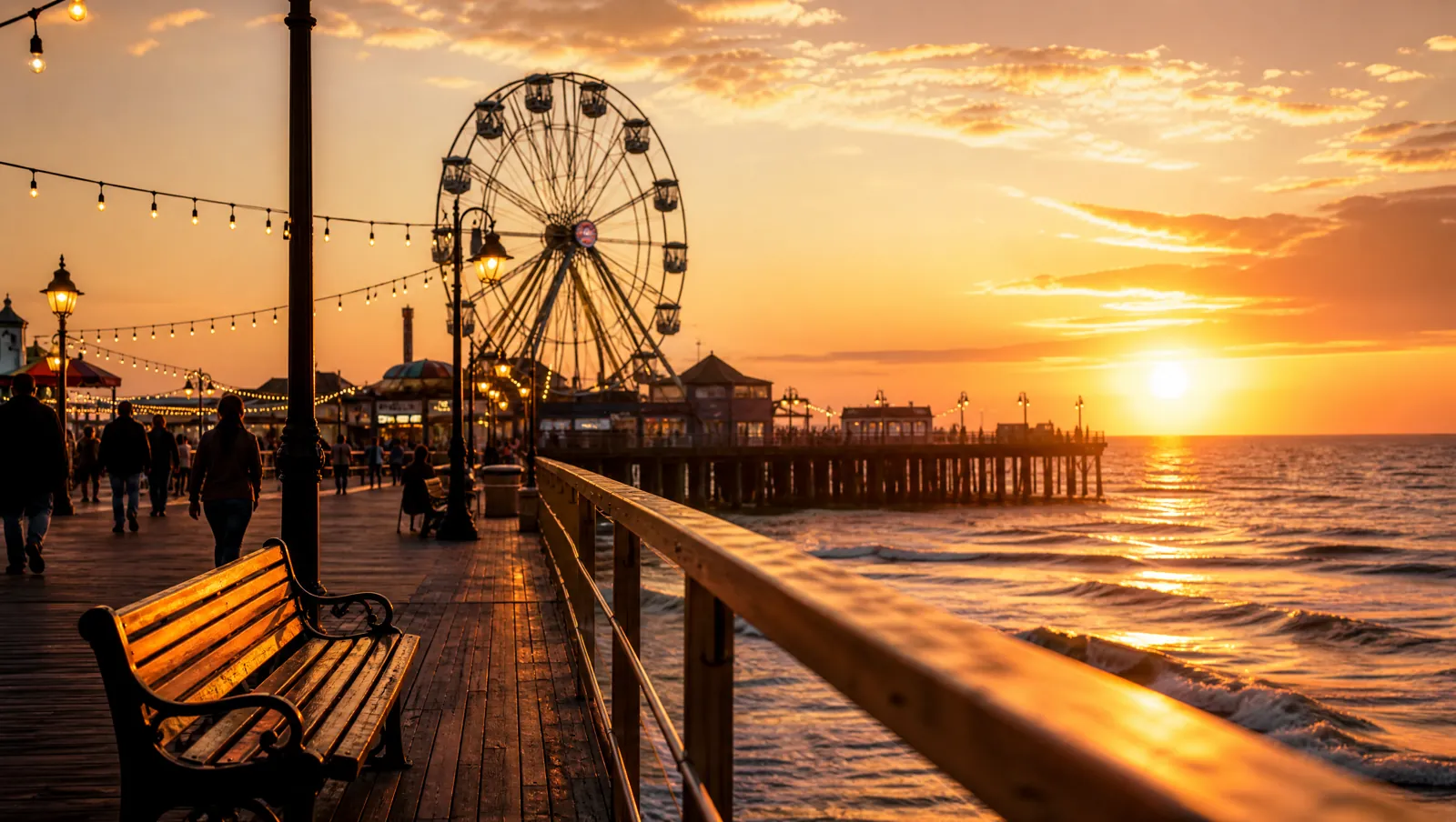 Golden-hour view along a Jersey Shore pier with calm water and warm light across the boardwalk railings.