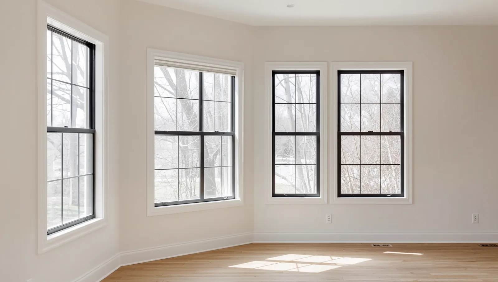 Corner of a room with four black-frame double-hung windows in crisp white casings above tall baseboards and oak flooring.