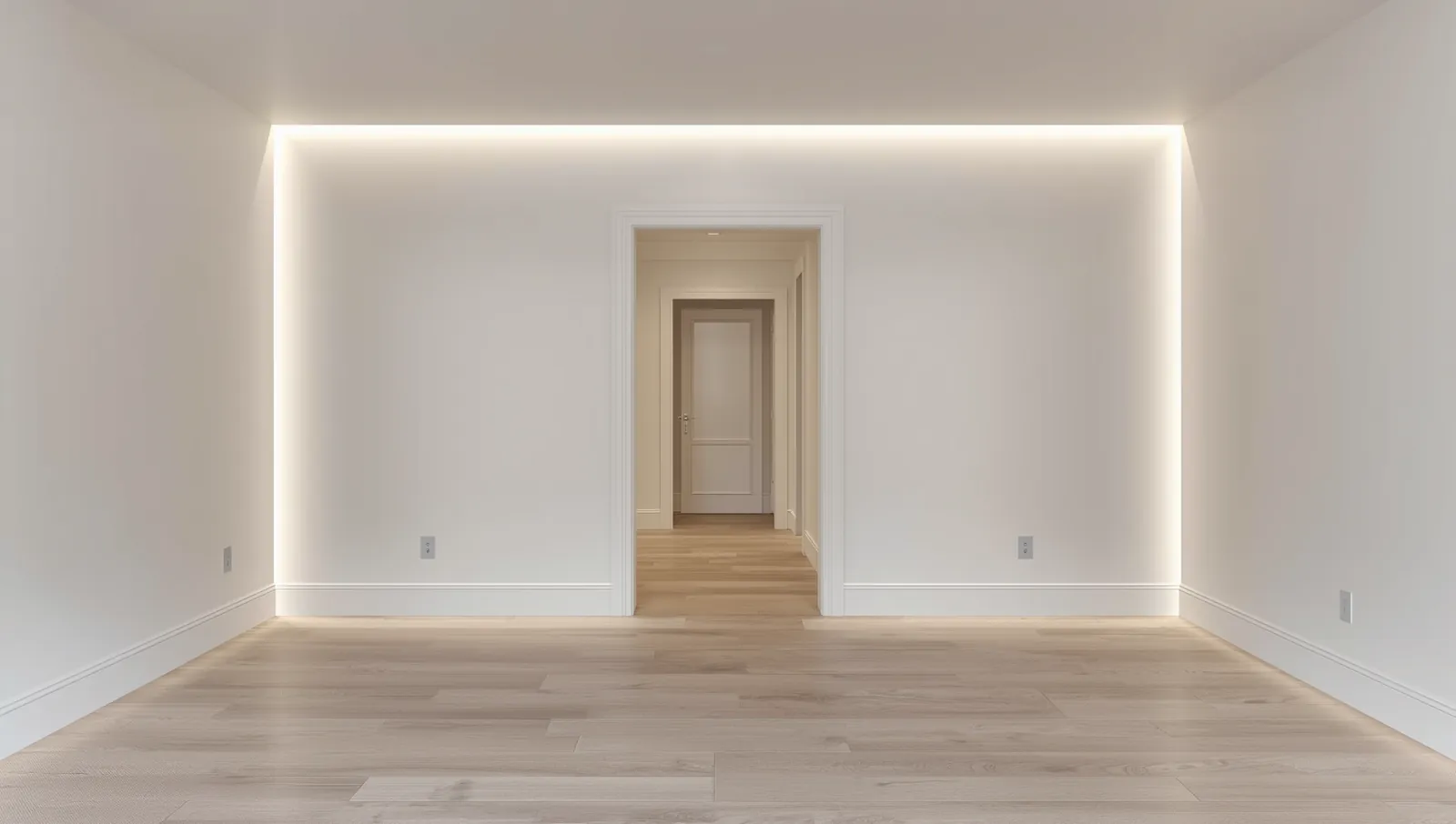 Warm white room with a craftsman door casing, tall baseboards and a cove-lit ceiling detail above wide-plank flooring.