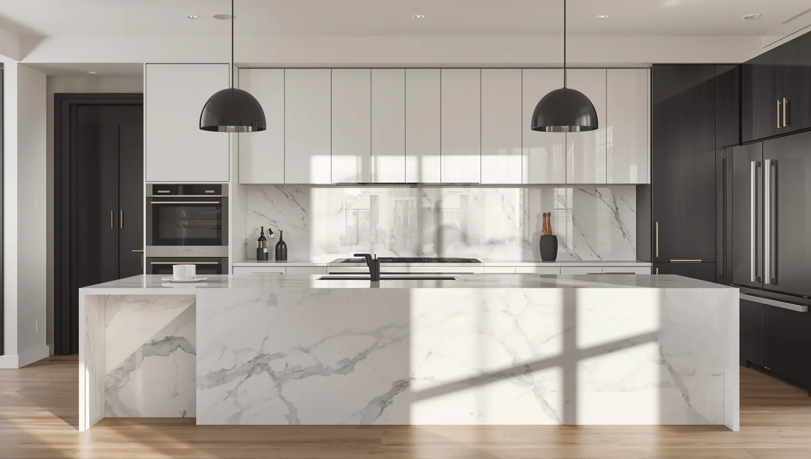 Kitchen with a waterfall-edge stone island, full-height flat-panel cabinetry and two matte black dome pendants.