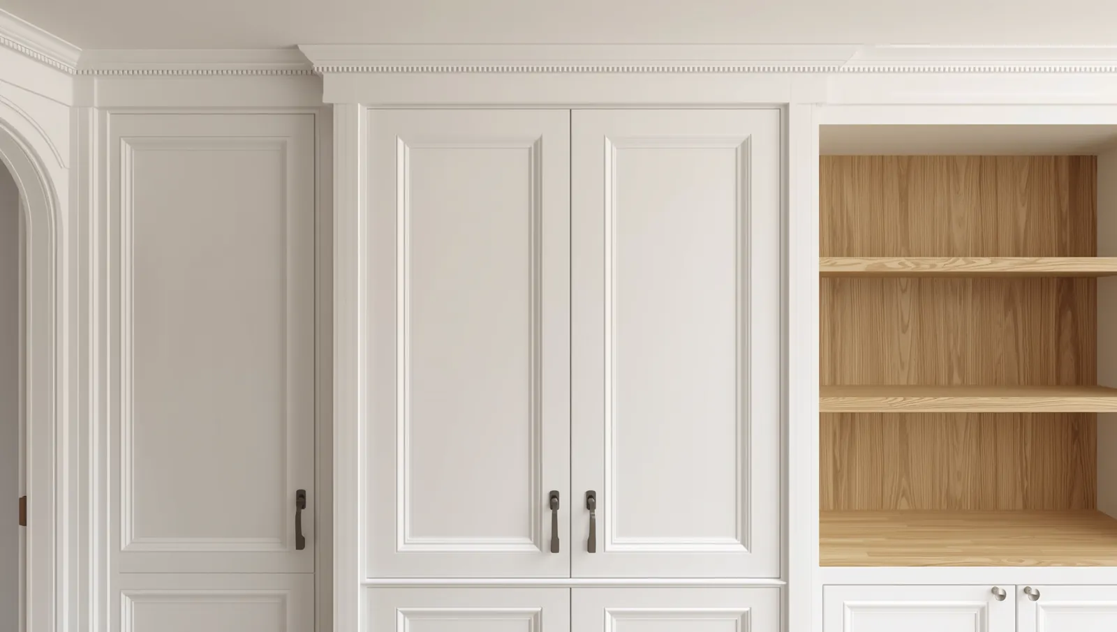 Painted white built-in cabinetry with raised-panel doors, dentil crown molding and open white oak shelving alongside.
